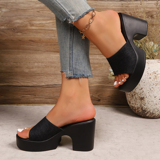 Damen Plateau-Pantoletten mit modischer Denim-Oberfläche und komfortablem Blockabsatz R&B