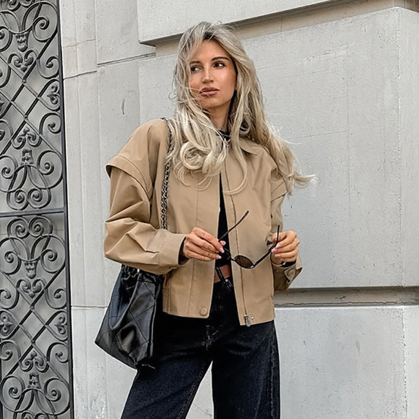 Damen Kurze Utility-Jacke mit voluminösen Ärmeln und praktischen Taschen R&B