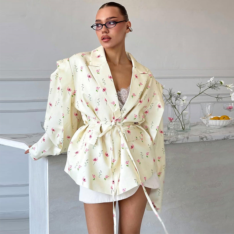 Damen Elegante Blazerjacke mit floralem Design und Taillengürtel R&B