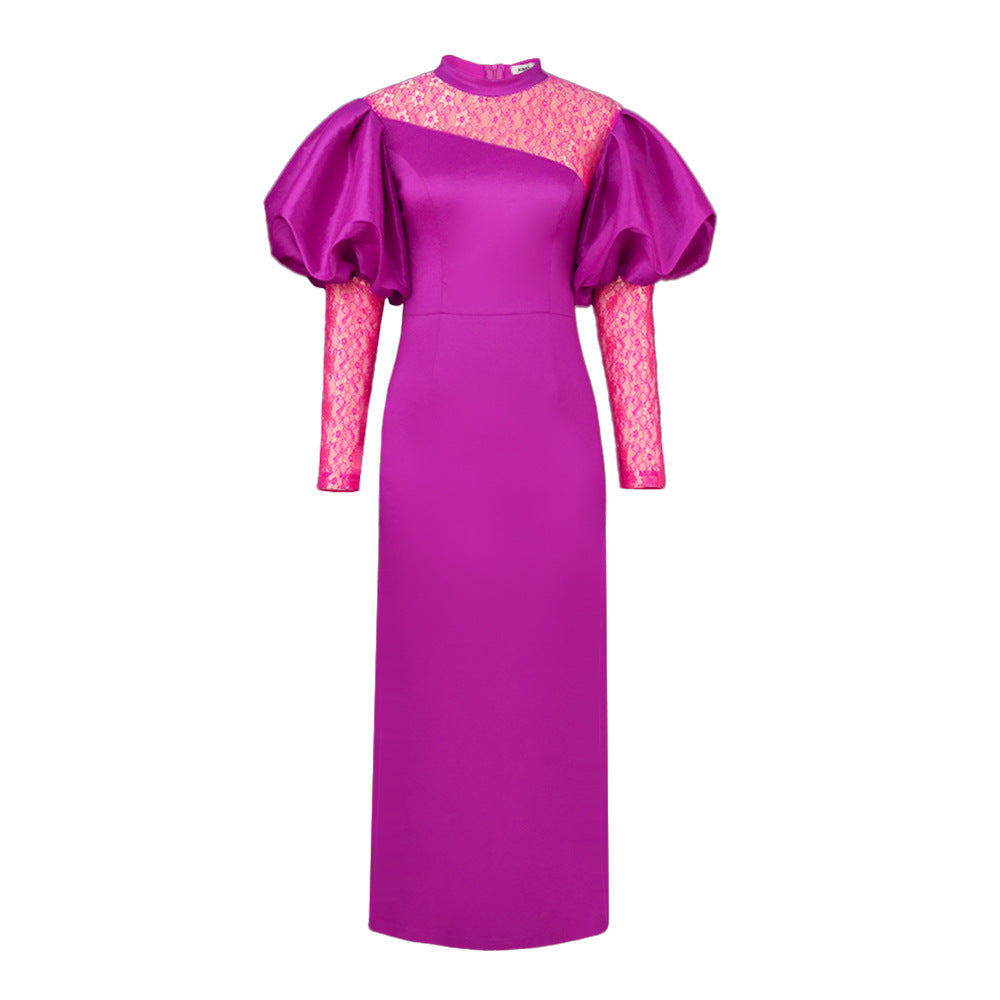 Damen elegantes Abendkleid mit transparenten Puffärmeln und floralen Akzenten R&B