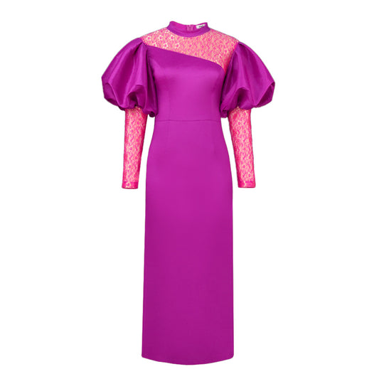 Damen elegantes Abendkleid mit transparenten Puffärmeln und floralen Akzenten R&B