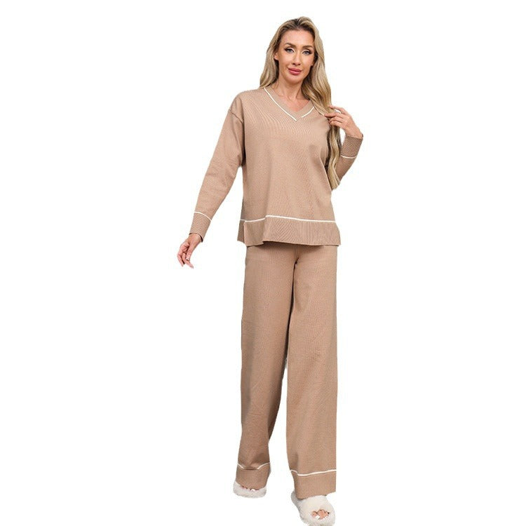 Damen entspannendes Loungewear-Set mit V-Ausschnitt und breiten Hosen R&B
