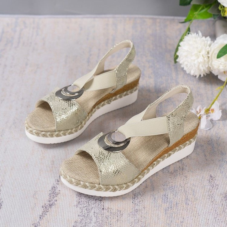 Damen Wedge-Sandalen mit dekorativem Ring und geflochtenem Riemendesign R&B