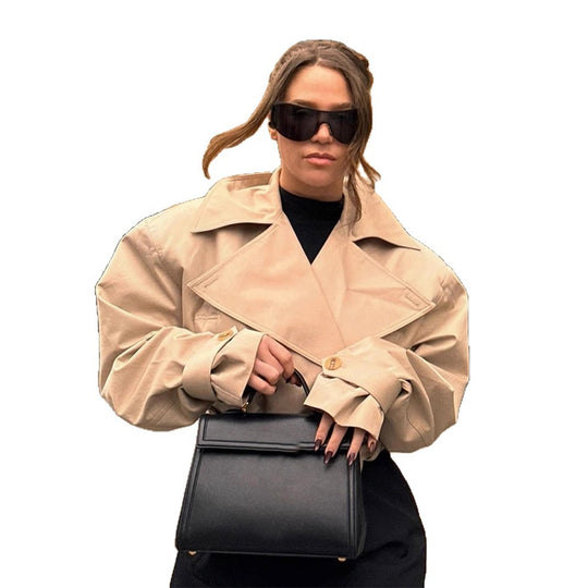 Damen Cropped Trenchcoat mit breitem Revers und Taillengürtel R&B