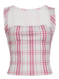 Damen figurbetontes Karo-Top mit elegantem Schnitt und transparenten Einsätzen R&B