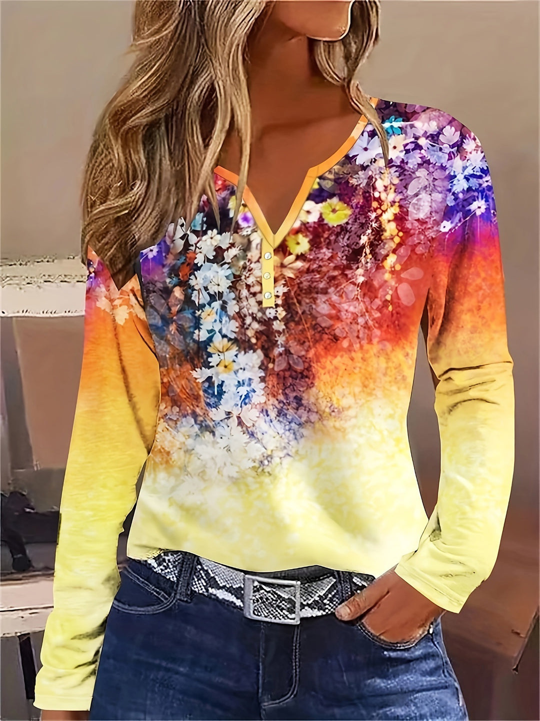 Damen Blütenmuster Langarmshirt mit Knopfleiste R&B