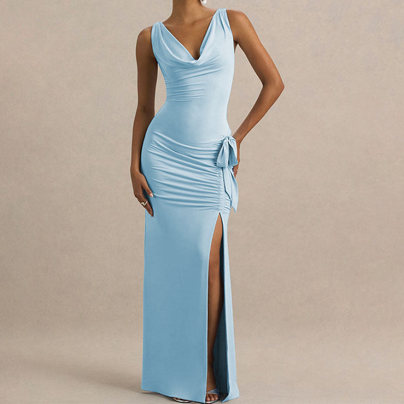 Damen Elegantes Maxikleid mit tiefem V-Ausschnitt und seitlicher Raffung R&B