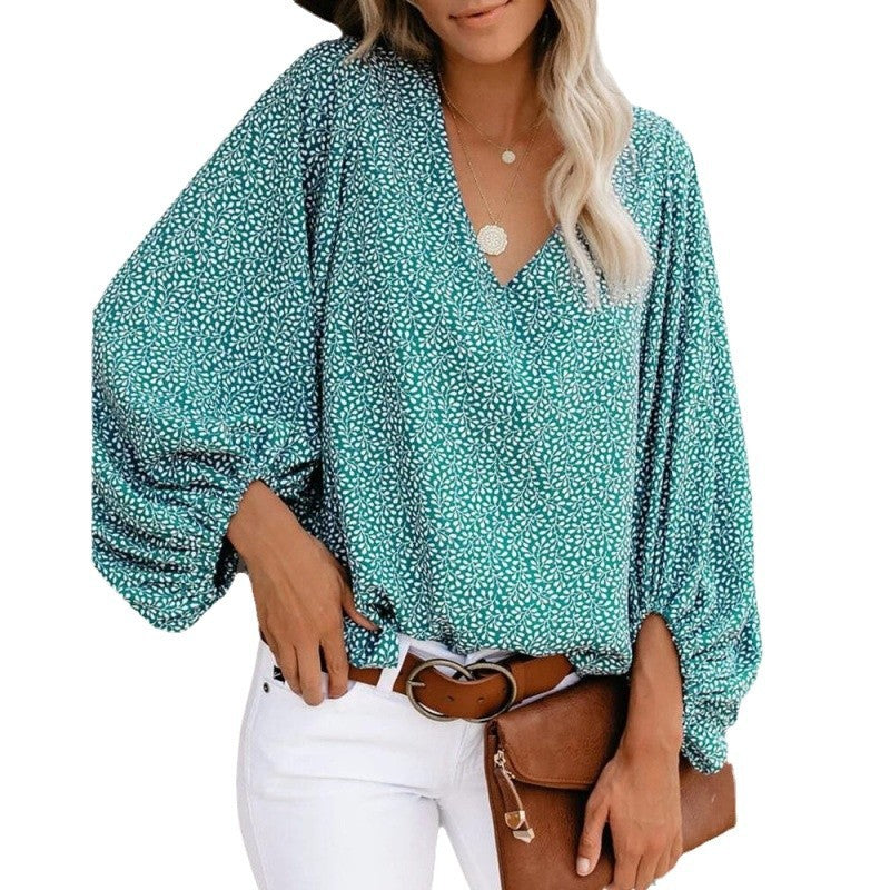 Damen Bluse mit weitem Puffärmel und eleganter V-Ausschnitt R&B