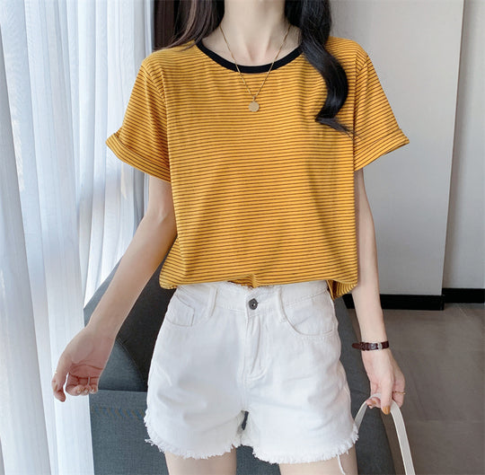 Damen gestreiftes T-Shirt mit kontrastierendem Rundhalsausschnitt und bequemem Schnitt