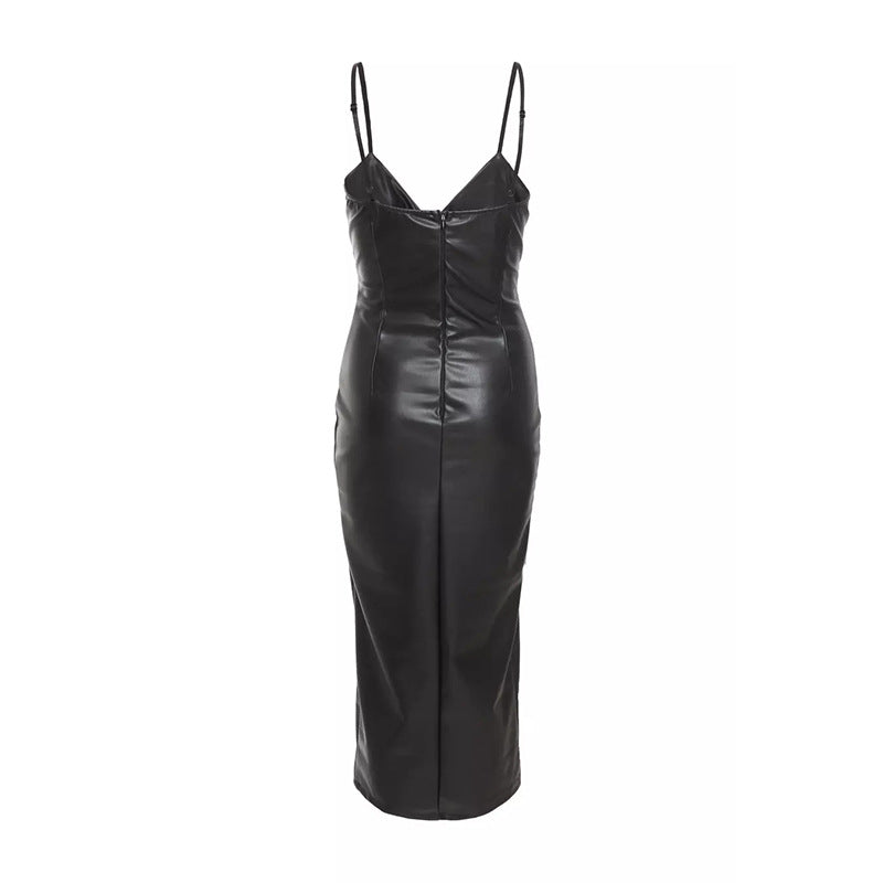 Damen Figurumspielendes Kunstleder-Midikleid mit tiefem V-Ausschnitt und seitlichem Schlitz R&B