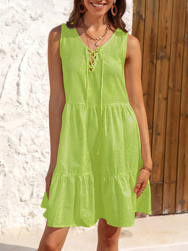 Damen lässiges Viskose-Kleid mit Schnürdetail und schwingendem Saum R&B