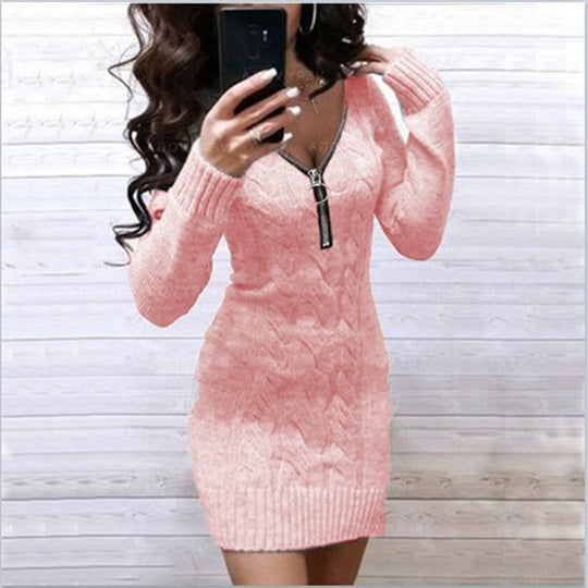 Damen Strickkleid mit tiefem V-Ausschnitt und Reißverschluss R&B