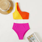 Damen Einseitiger Triangel-Bikini mit buntem Blockdesign