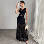 Damen nan zweiteiliges Abend-Set mit taillierter Weste und bodenlangem Spitzen-Overlay-Rock R&B