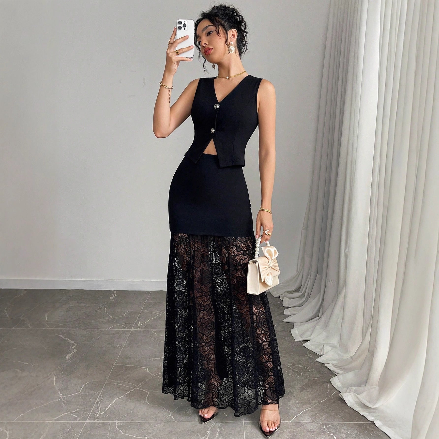 Damen nan zweiteiliges Abend-Set mit taillierter Weste und bodenlangem Spitzen-Overlay-Rock R&B