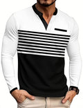 Herren nan modernes Langarm-Polo mit Henley-Blende gestreifter Brustpartie und Stehkragen R&B