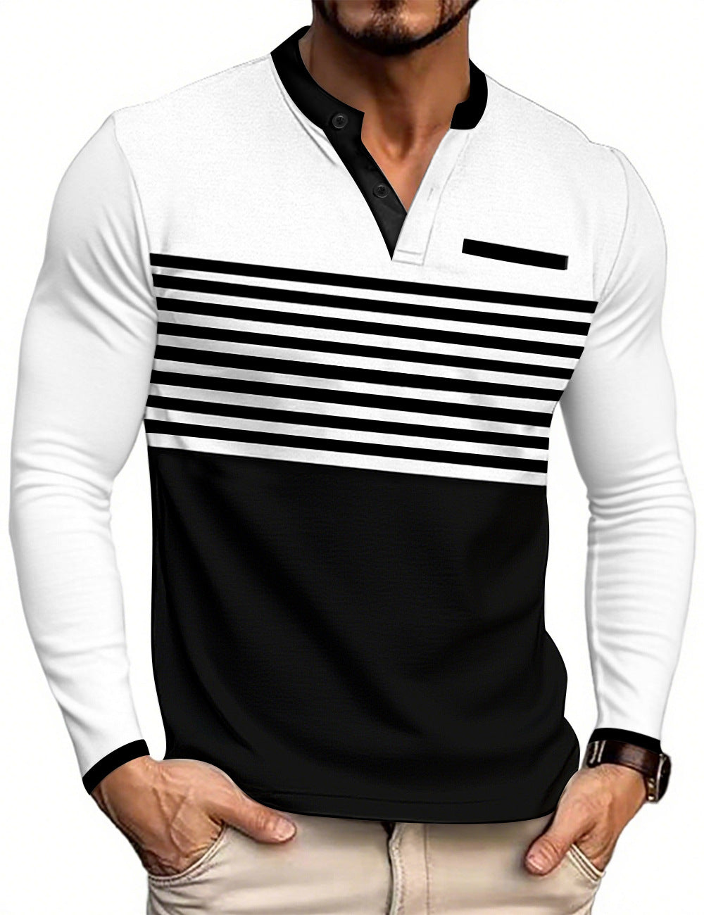 Herren nan modernes Langarm-Polo mit Henley-Blende gestreifter Brustpartie und Stehkragen R&B