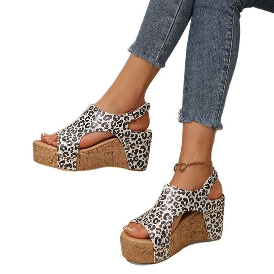 Damen Wedge-Sandalen mit Leopardenmuster und rutschfester Sohle R&B