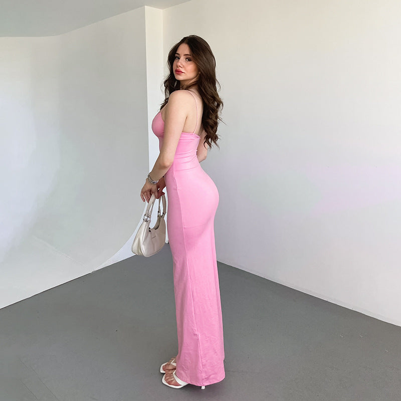 Damen figurbetontes Langkleid mit Spaghettiträgern und elegantem Ausschnitt EB