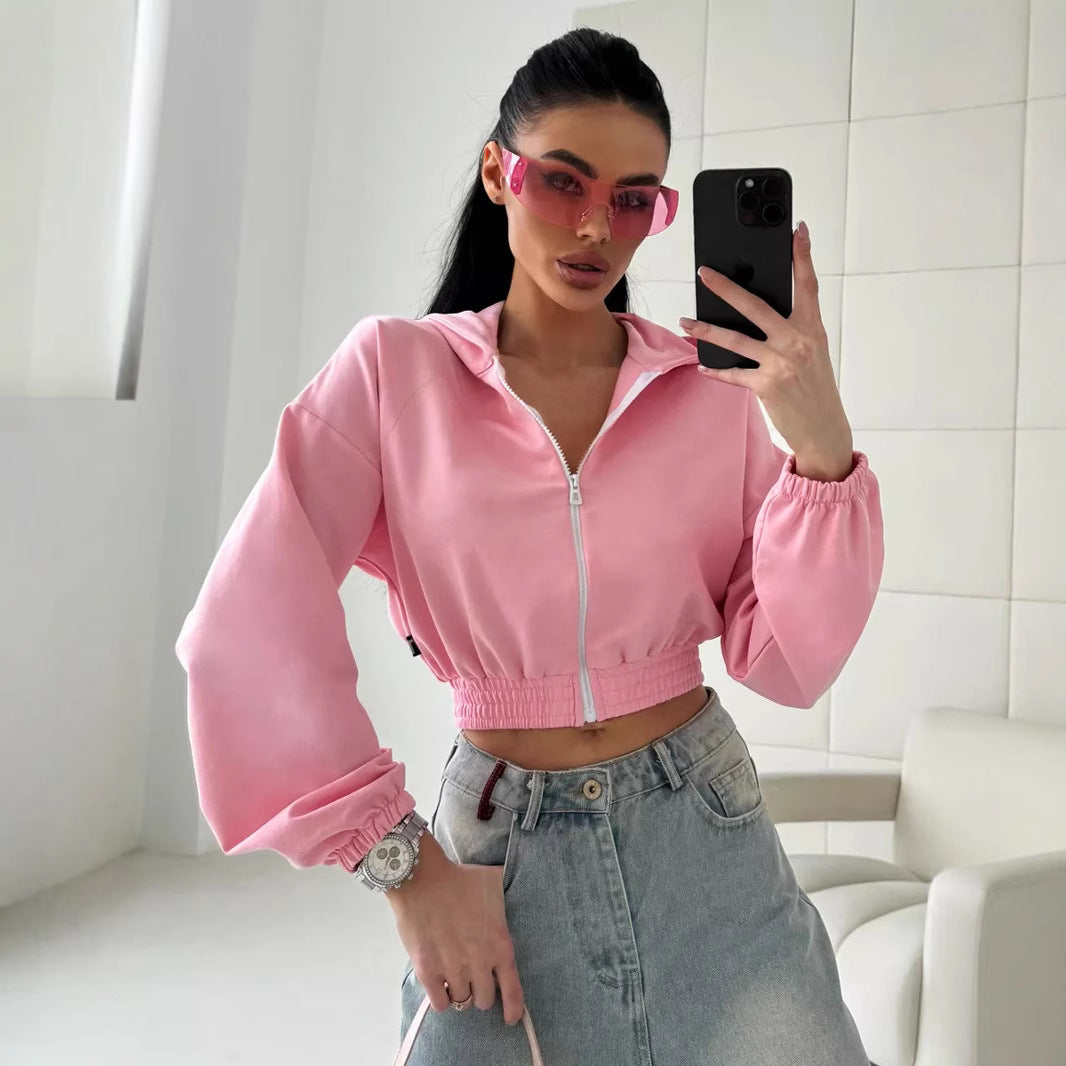 Damen lässiger Cropped Hoodie mit praktischem Reißverschluss und elastischem Bund R&B