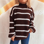 Damen Strickpullover mit hohem Kragen und modischem Streifenmuster R&B