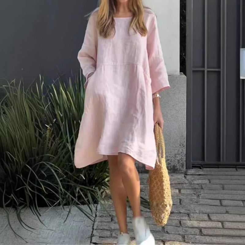 R&B | Lässiges einfarbiges Kleid aus Baumwolle mit Taschen