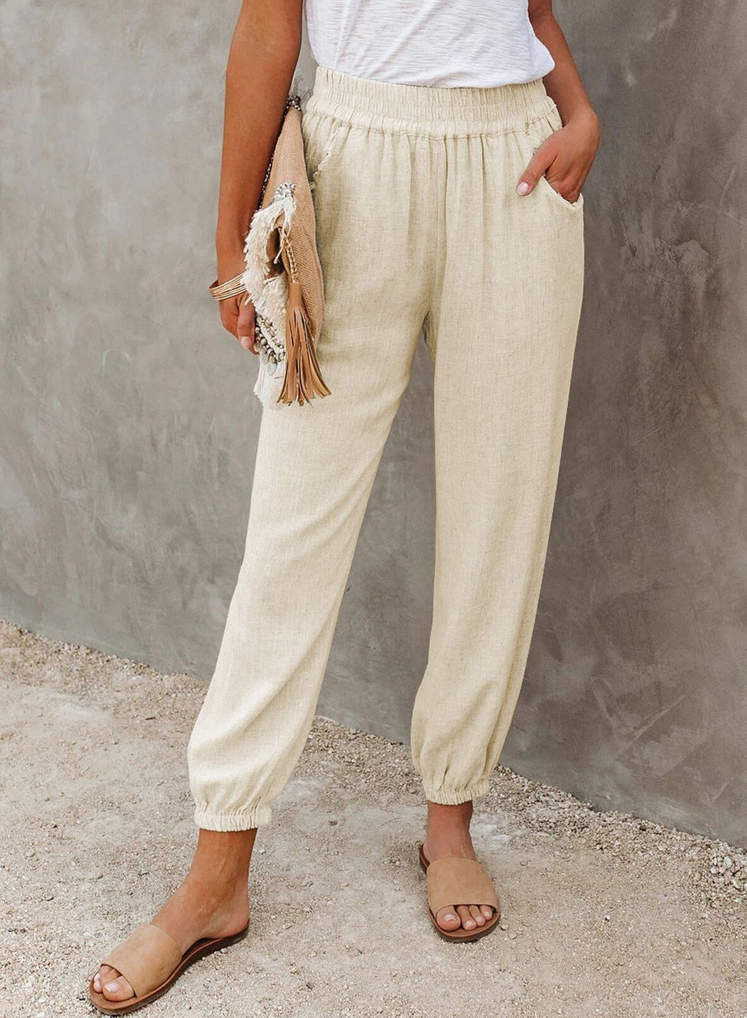 Damen lässige Leinen-Hose mit elastischem Bund und Gummizug R&B