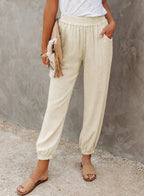 Damen lässige Leinen-Hose mit elastischem Bund und Gummizug R&B