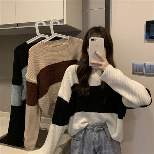 Damen Strickpullover mit weit geschnittenen Ärmeln und kontrastierendem Design R&B