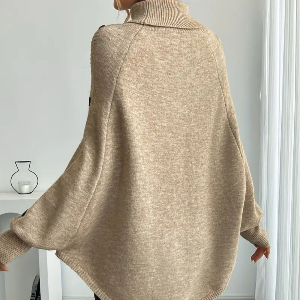Damen Eleganter Strickponcho mit Rollkragen und Zopfmuster R&B