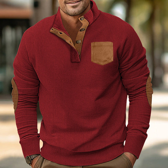 Herren eleganter Strickpullover mit Knopfleiste und kontrastierenden Ellbogenpatches R&B