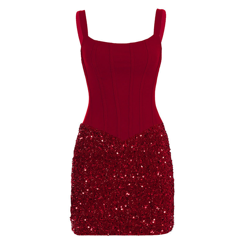 Damen figurbetontes Neckholder-Kleid aus hochwertigem Lackmaterial R&B