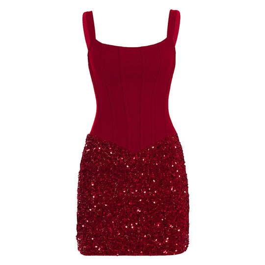 Damen figurbetontes Neckholder-Kleid aus hochwertigem Lackmaterial R&B