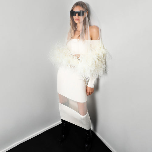 Damen Elegantes Kleid mit transparenten Einsätzen und federverzierten Ärmeln R&B