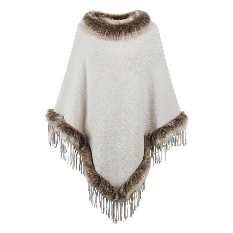 Damen eleganter Poncho mit luxuriösem Kunstfellkragen und dekadenten Fransen R&B