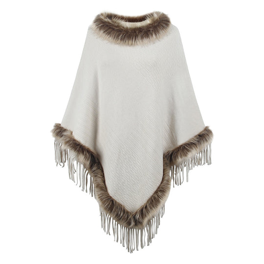 Damen eleganter Poncho mit luxuriösem Kunstfellkragen und dekadenten Fransen R&B