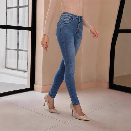 Damen Slim-Fit Jeans mit eleganter Knopfleiste und hohem Bund R&B