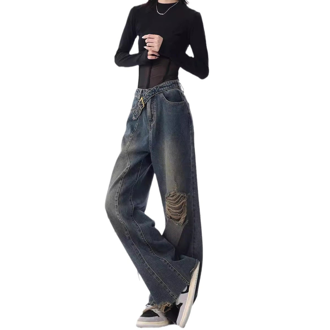 Damen Weite High-Waist Jeans im lässigen Used-Look mit modischen Rissen R&B