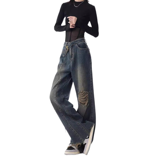 Damen Weite High-Waist Jeans im lässigen Used-Look mit modischen Rissen R&B