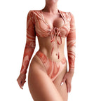 Damen Bikini-Set mit langärmligem Oberteil und hoch geschnittenem Höschen R&B