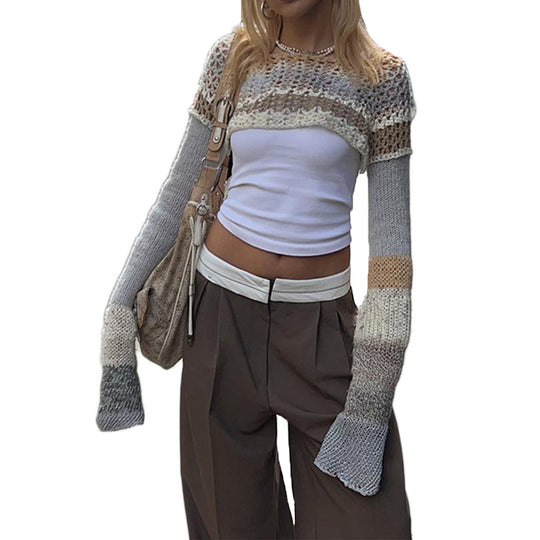 Damen gehäkeltes Crop-Top mit langem Arm und bunten Streifen R&B