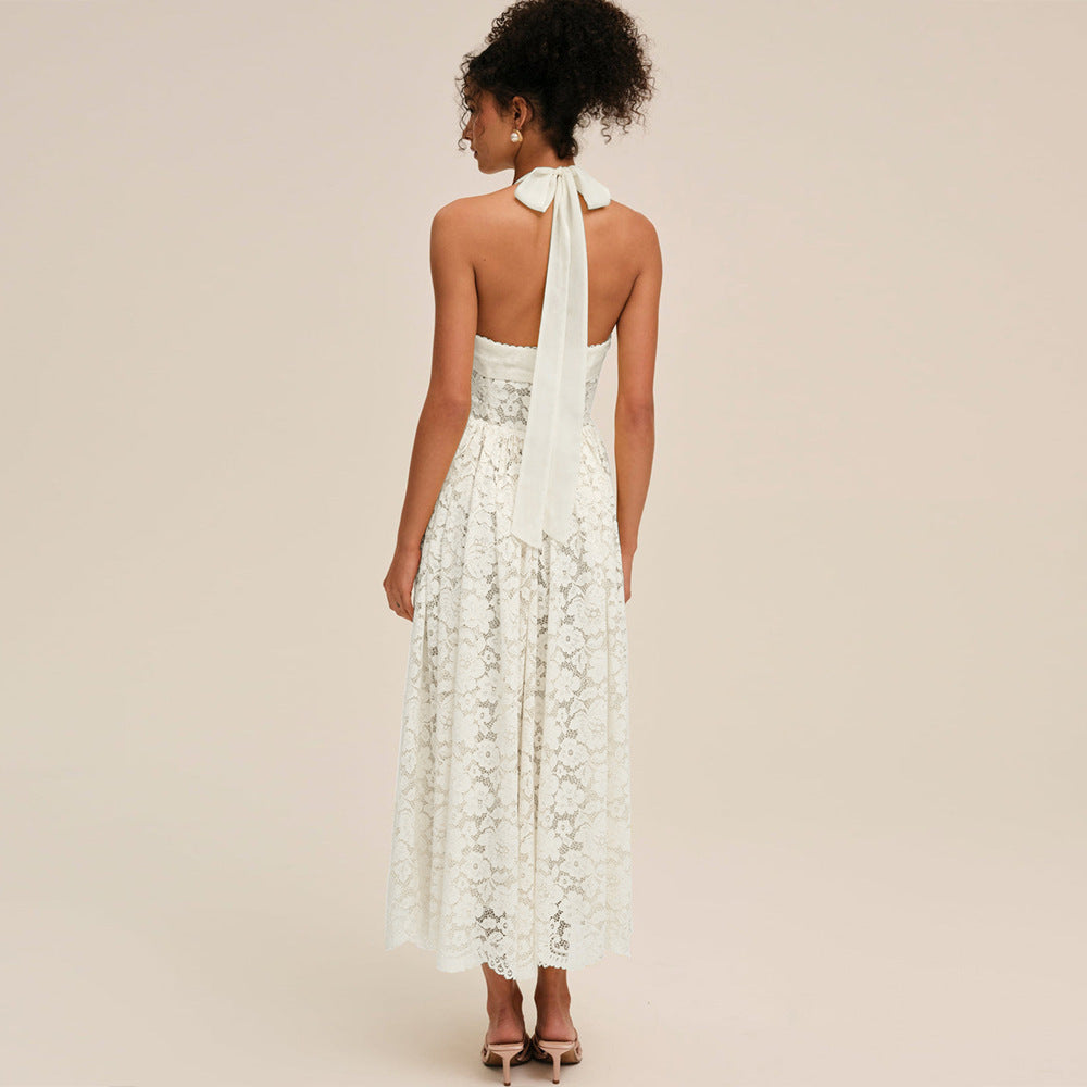 Damen Elegant Spitzenkleid mit geflochtenem Träger R&B