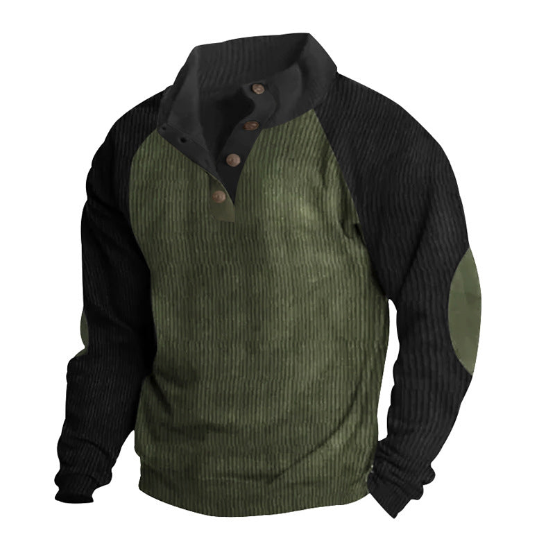 Herren nan Cordoptik-Halbknopf-Pullover mit Stehkragen, Raglanärmeln und Ellenbogenpatches R&B