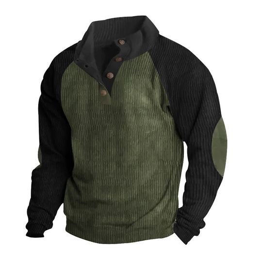 Herren nan Cordoptik-Halbknopf-Pullover mit Stehkragen, Raglanärmeln und Ellenbogenpatches R&B