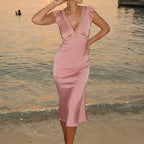 Damen Elegantes Maxikleid mit Spitzenverzierungen und tiefem V-Ausschnitt R&B