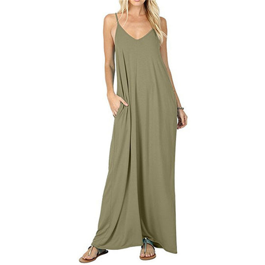 Damen Maxikleid mit spaghettiträgern und praktischen seitlichen Taschen R&B