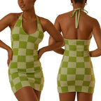 Damen enganliegendes Karomuster-Kleid mit tiefem V-Ausschnitt R&B