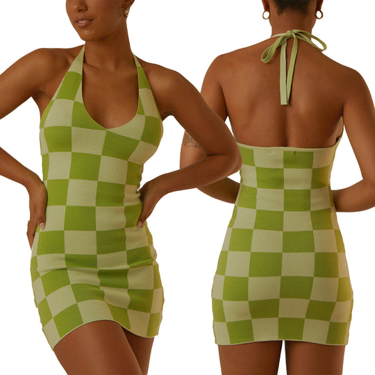Damen enganliegendes Karomuster-Kleid mit tiefem V-Ausschnitt R&B