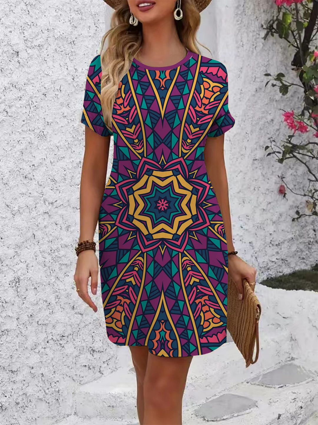 Damen lässiges Blümchenkleid mit Rundhalsausschnitt und lockerer Passform R&B