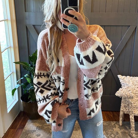 Damen gemütliche Strickjacke mit dekorativem Ethnomuster und offenem Schnitt R&B